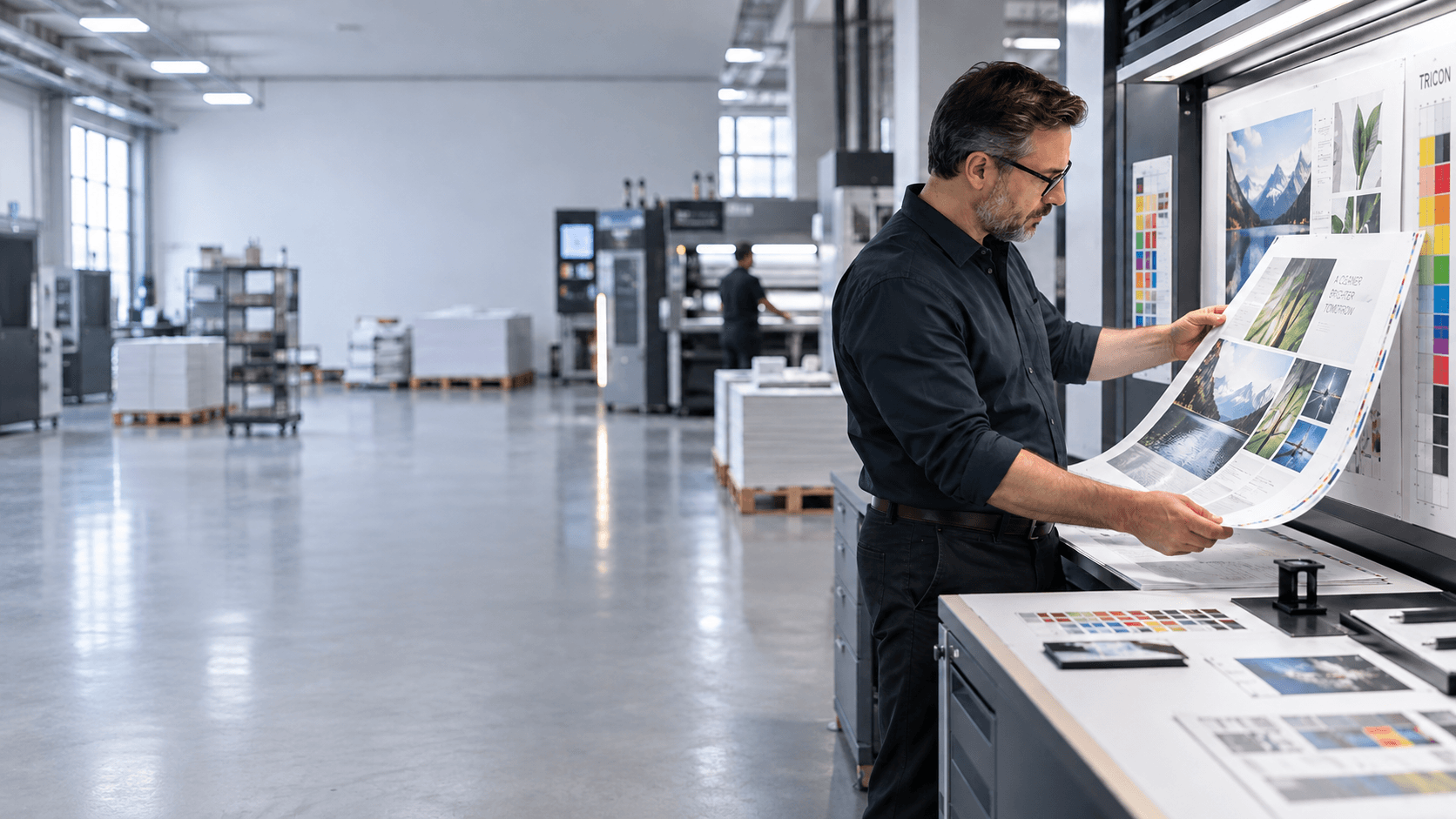 Design and prepress specialist reviewing colour-managed artwork before production