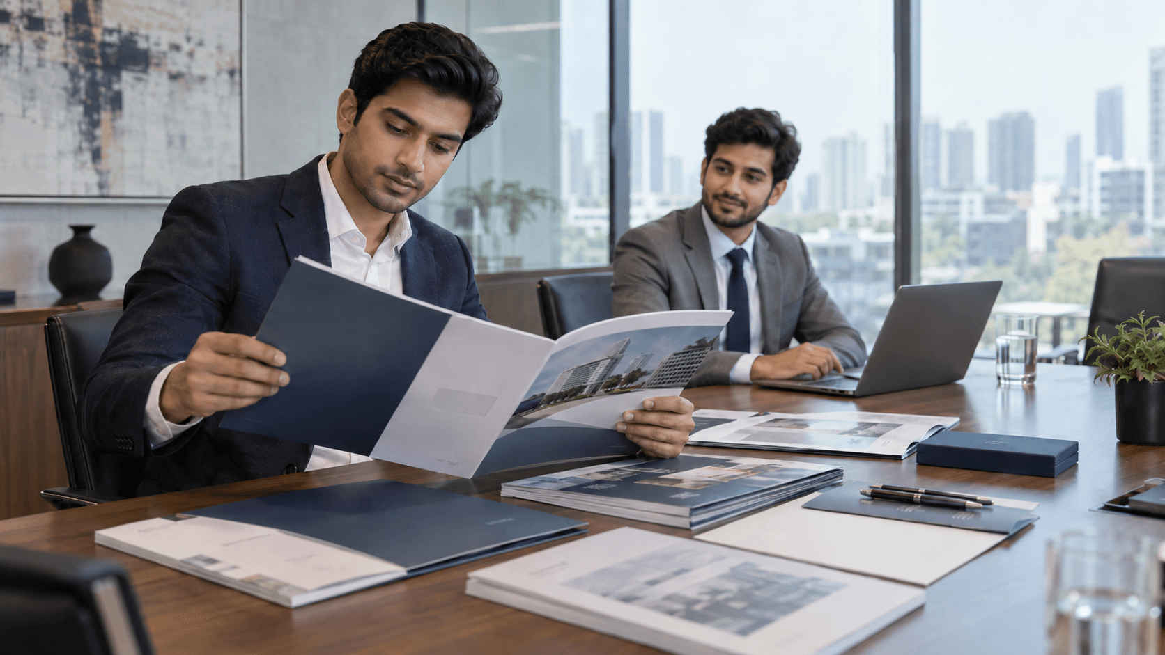 Corporate teams reviewing professionally printed collateral