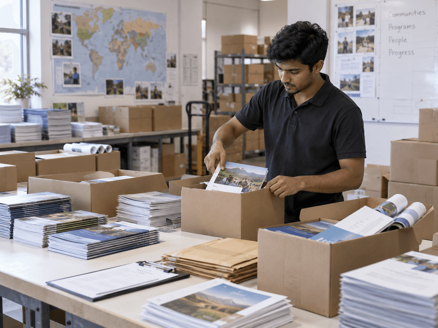 Development-sector publications being packed for distribution
