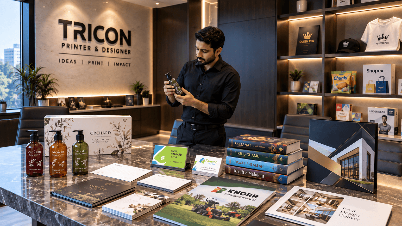Mixed portfolio showcase of TRICON corporate and commercial print work