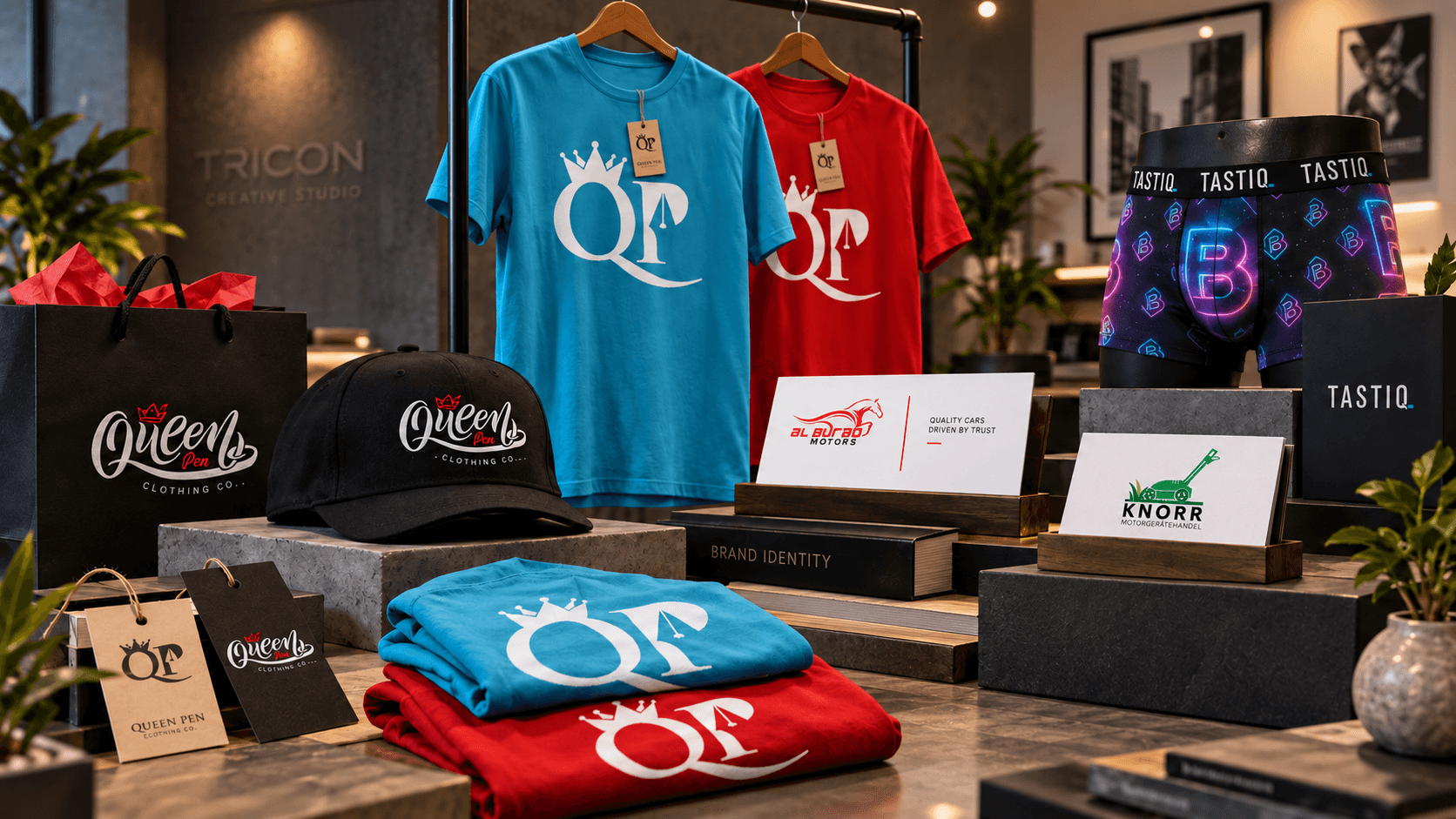 Brand identity and apparel production work presented in a studio setting