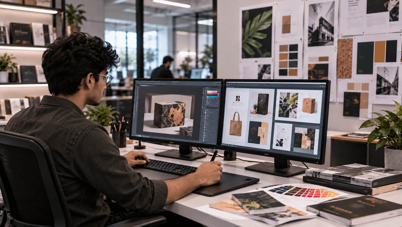 Graphic designer preparing packaging and identity artwork