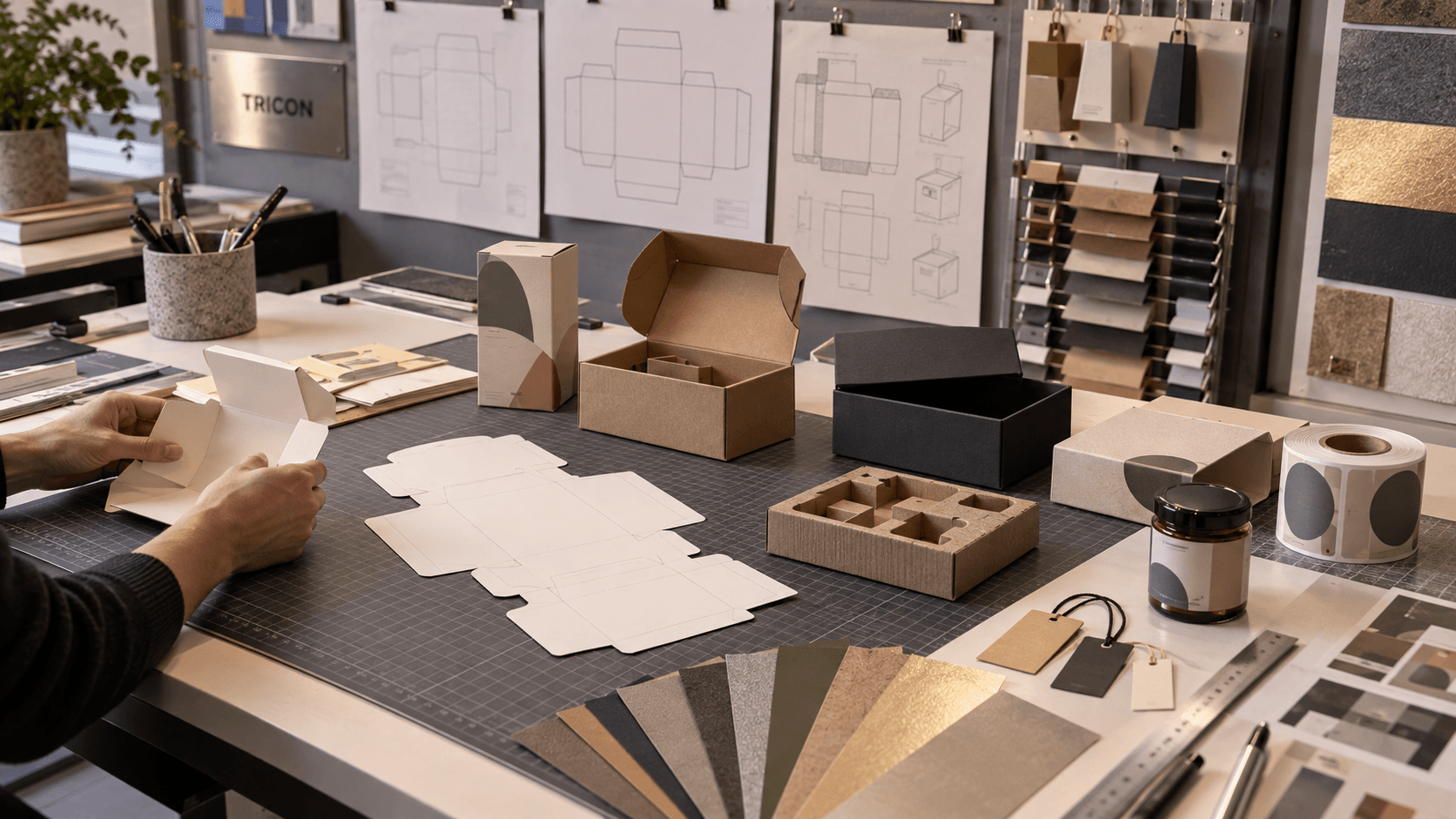 Packaging structures, labels and material samples prepared for production