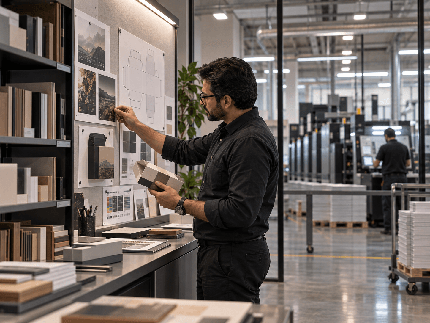 Production specialist evaluating packaging design and print materials