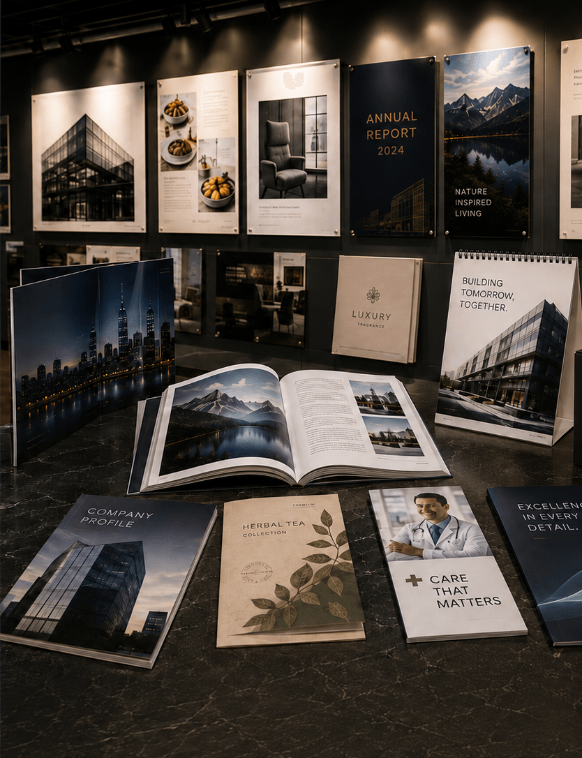A premium display of publishing, corporate identity and finished print work
